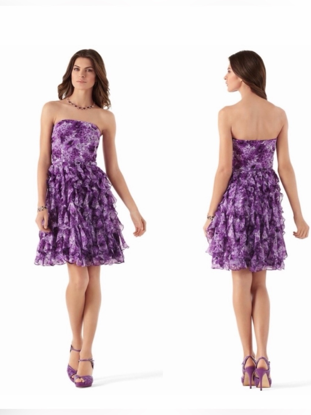 WHBM Purple Floral Strapless Ruffle Dress
